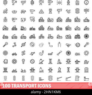 100 transport icons set. Outline illustration of 100 transport icons vector set isolated on white background Stock Vector