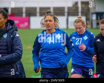 Bromley, Kent, UK. 13th Feb, 2022. Bromley FC Stadium, Hayes Lane, Bromley, Kent 13th February 2022 Harley Bennett (14 Captain London City Lionesses)warms up before the match between Crystal Palace Women vs London City Lionesses in the Women's FA Championship at Bromley FC Stadium, Hayes Lane, Bromley on 13th February 2022 Claire Jeffrey/SPP Credit: SPP Sport Press Photo. /17�Թ����� Live News Stock Photo