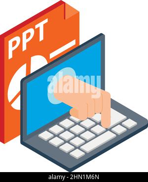 Internet fraud icon isometric vector. Hand from screen presses button, ppt file. Online scam, internet security, data protection Stock Vector