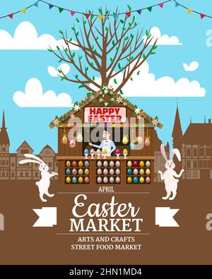 Easter Market poster, Holiday City Spring Fair, wooden stall decorated flowers, colored Easter eggs. Europe architecture background. Vector Stock Vector