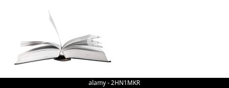 Banner with open book isolated on white background. Education, knowledge source concept. Place for text. High quality photo Stock Photo