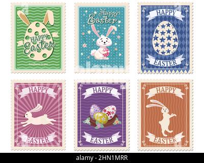 Set of Easter postal stamps, bunnies, eggs, retro graphic. Vintage collection Stock Vector