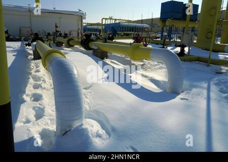 Sofia, Bulgaria - Jan 22 2022: Pipelines in a gas compression station near Sofia Stock Photo