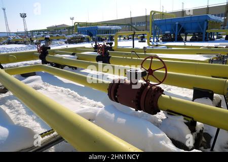 Sofia, Bulgaria - Jan 22 2022: Pipelines in a gas compression station near Sofia Stock Photo