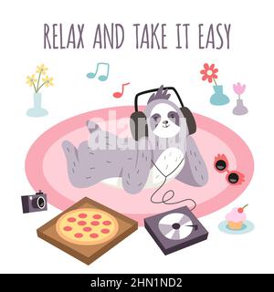 Cute sloth poster. Funny animal listens music, cartoon character with headphones, cozy evening, vinyl record player and pizza, relax and take it easy Stock Vector
