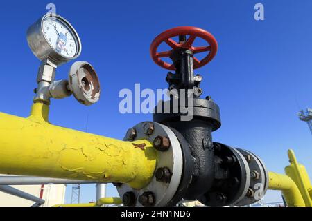 Sofia, Bulgaria - Jan 22 2022: Pipelines in a gas compression station near Sofia Stock Photo