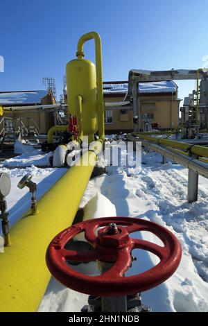 Sofia, Bulgaria - Jan 22 2022: Pipelines in a gas compression station near Sofia Stock Photo