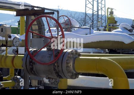 Sofia, Bulgaria - Jan 22 2022: Pipelines in a gas compression station near Sofia Stock Photo