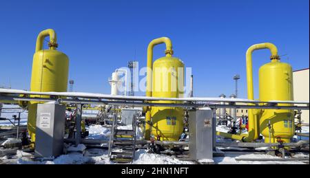 Sofia, Bulgaria - Jan 22 2022: Pipelines in a gas compression station near Sofia Stock Photo