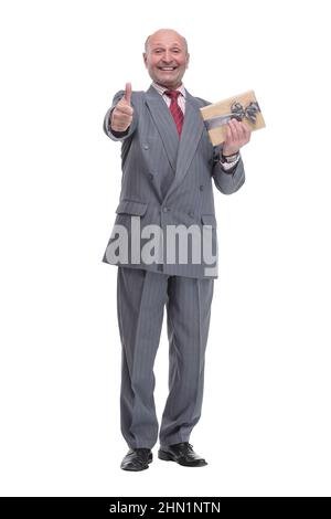 Elegant modern mature man hold present thumb up Stock Photo