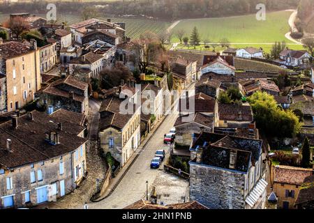 Saint Emilion is a medieval city in southwestern France, surrounded by vineyards. The monolithic church was declared by UNESCO a world Heritage site. Stock Photo