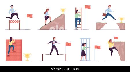 People overcoming obstacles. Businessmen and women, achieving targets activities, difficult success way, mountain and wall climb, get on stairs and Stock Vector
