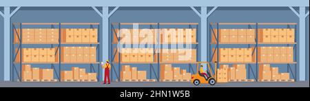 Warehouse Interior with Boxes On Rack And People Working. Logistic Delivery Service Concept. Vector illustration Stock Vector