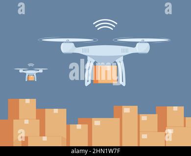 Drone working in modern warehouse. Robotics technology concept, fast delivery, artificial intelligence. Vector illustration Stock Vector