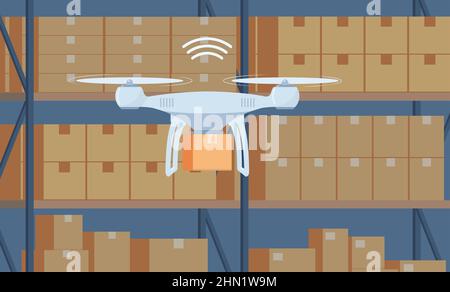 Drone working in modern warehouse. Robotics technology concept, fast delivery, artificial intelligence. Vector illustration Stock Vector