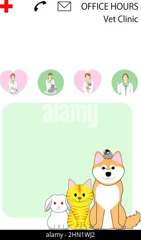 Template of the poster for Veterinary clinic: veterinarian woman, a Shiba Inu, a tabby cat, bunny, and a java sparrow and icons. Stock Photo