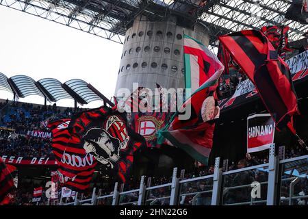 Milan, Italy. 13th Feb, 2022. Supporters of AC Milan during the Serie A 2021/22 football match between AC Milan and UC Sampdoria at Giuseppe Meazza Stadium, Milan, Italy on February 13, 2022 Credit: Independent Photo Agency/Alamy Live News Stock Photo