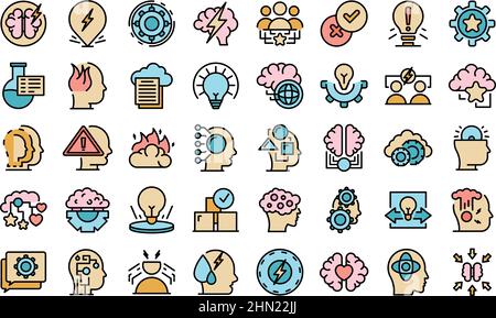 Critical thinking icons set outline vector. Think brain. Mind brainstorm Stock Vector