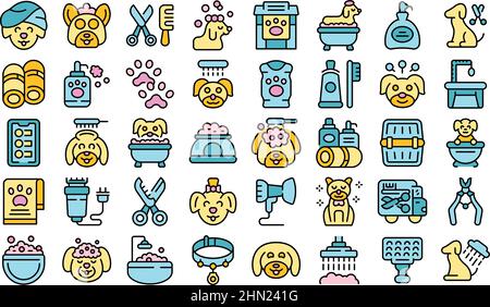 Dogs spa icons set outline vector. Shower grooming. Animal spa Stock Vector