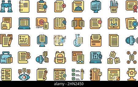Case study icons set outline vector. Proposal platthin line color flat on white Stock Vector