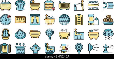 Hydro massage icons set outline vector. Aqua spa. Hydrotherapy park Stock Vector