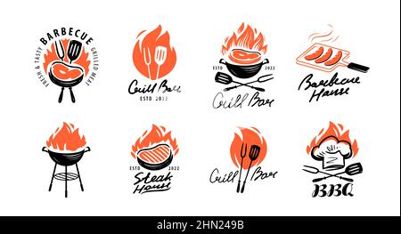 BBQ and grill emblem set. Barbecue labels, badges and design elements for restaurant menu Stock Vector