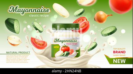 Mayonnaise poster. Realistic mayo jar with flying vegetables. Salad dressing. Tomato cucumber or onion pieces. Sauce advertising banner for branding Stock Vector
