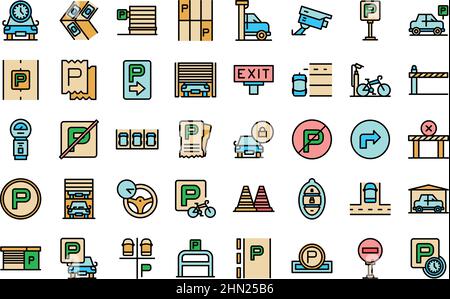 Parking place icons set outline vector. Park garage. Car bicycle Stock Vector