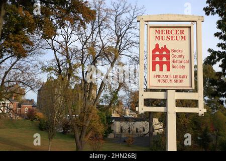 Wooden sign of Mercer Museum Bucks County Historical Society Spruance Library Museum Shop in Doylestown.Pennsylvania.USA Stock Photo