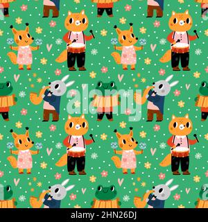 Seamless animals musicians. Cartoon forest characters play musical instruments. Cute zoo orchestra. Hare saxophonist and fox drummer. Jazz band party Stock Vector