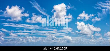 High resolution Panoramic background with blue day time sky and white clouds. Copy space. Stock Photo