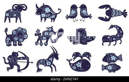 Zodiac signs. Decorative astrological symbol stickers. Hand drawn silhouettes patterned icons. Cartoon freehand zodiacal animals with floral elements Stock Vector