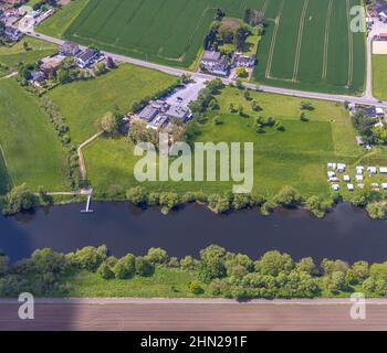 Aerial view, Franky's Water Station Mintard, on the river Ruhr, Saarn, Mülheim an der Ruhr, Ruhr area, North Rhine-Westphalia, Germany, outdoor gastro Stock Photo