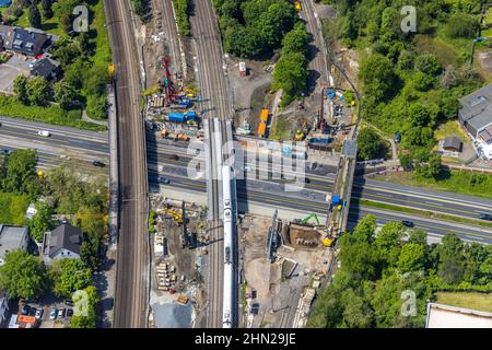Aerial view, construction site after bridge fire motorway 40, renovation of railway bridges, Styrum, Mülheim an der Ruhr, Ruhr area, North Rhine-Westp Stock Photo