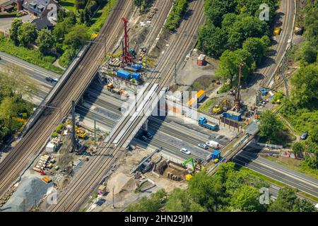 Aerial view, construction site after bridge fire motorway 40, renovation of railway bridges, Styrum, Mülheim an der Ruhr, Ruhr area, North Rhine-Westp Stock Photo