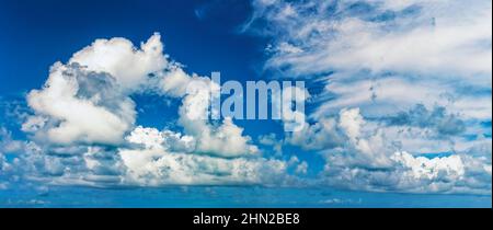 High resolution Panoramic background with blue day time sky and white clouds. Copy space. Stock Photo