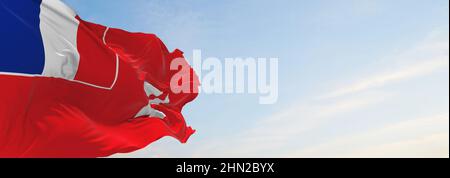 official flag of Wallis and Futuna at cloudy sky background on sunset, panoramic view. patriot and travel concept. copy space for wide banner. 3d illu Stock Photo