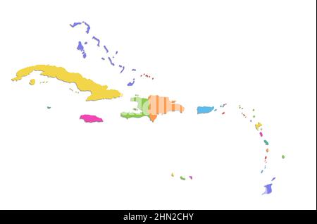Caribbean islands map, island with names, color map isolated on white background, blank Stock Photo