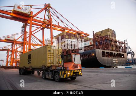 Gdynia, Poland. 13th Feb, 2022. Shipping containers seen on the Navarino Hong Kong container ship at the Baltic Container Terminal in Gdynia. Credit: SOPA Images Limited/Alamy Live News Stock Photo