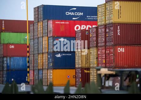 Gdynia, Poland. 13th Feb, 2022. Shipping containers seen at the Baltic Container Terminal in Gdynia. (Photo by Mateusz Slodkowski/SOPA Images/Sipa USA) Credit: Sipa USA/Alamy Live News Stock Photo