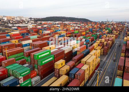 Gdynia, Pomerania, Poland. 13th Feb, 2022. EDITORS NOTE: Image taken with a drone) .Shipping containers seen at the Baltic Container Terminal in Gdynia. (Credit Image: © Mateusz Slodkowski/SOPA Images via ZUMA Press Wire) Stock Photo