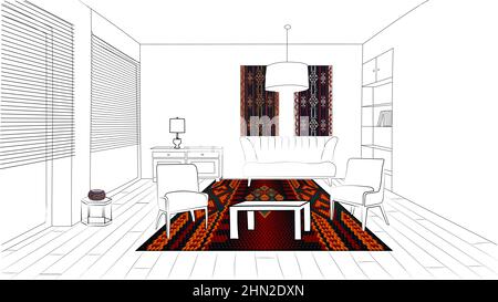 Graphic drawing of the interior in the style of minimalism. With the use of national ornament in the interior. Stock Vector