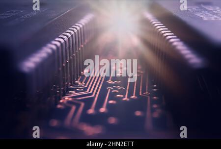 Macrophotograhy  of integraded circuits on Printed Circuit Board with golden pads and wires Stock Photo