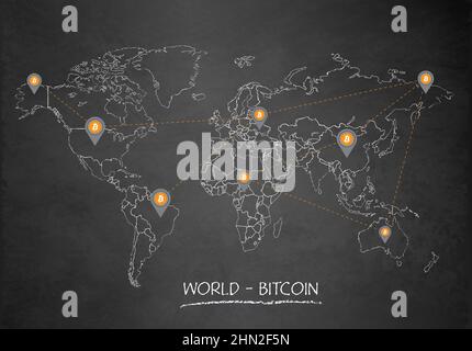 World map, bitcoin network and location pointer, design card blackboard chalkboard vector Stock Vector