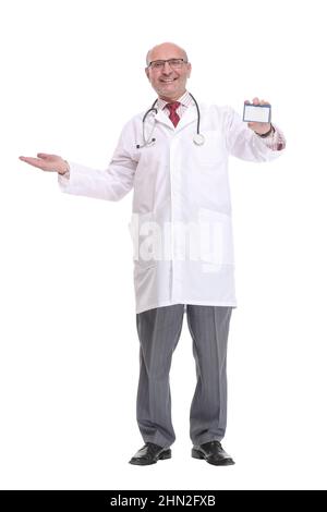Portrait of confident mature doctor showing his business card and smiling Stock Photo
