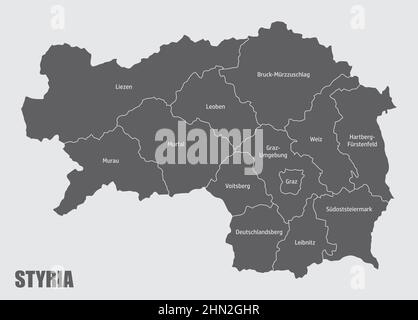 Styria state administrative map. Isolated map with labels, Austria. Stock Vector
