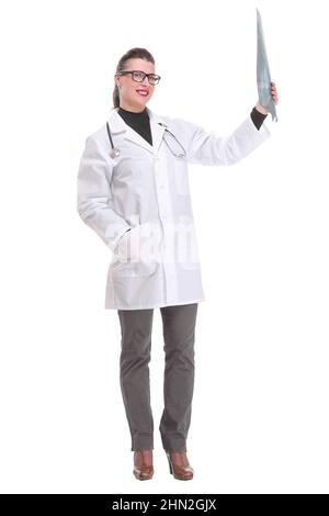 Side view of female doctor looking at x-ray against a white background Stock Photo