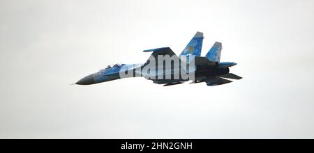 Ukrainian Air Force, Sukhoi Su-27 Flanker, military combat aircraft scrambled from Vasylkiv Air Base Ukraine, ghost of Kyiv Stock Photo