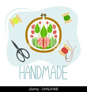 Hoop embroidery. Vector illustration of the workplace of the one who embroiders. Handwork Stock Vector