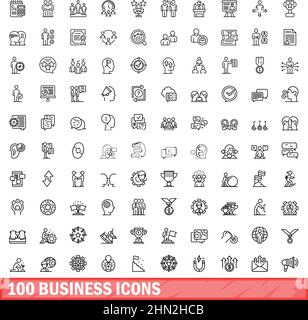 100 business icons set. Outline illustration of 100 business icons vector set isolated on white background Stock Vector